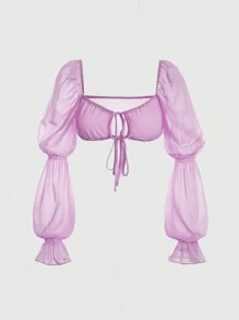 SHEIN Unity Quý cô Tay áo lồng đèn Xu hướng: Cắt giảm Áo Với Cổ Trái tim - Màu tím - Xem 1