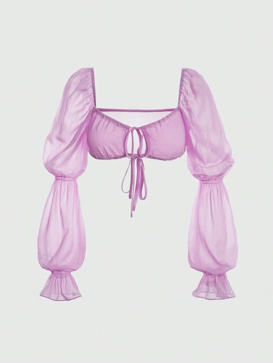 SHEIN Unity Quý cô Tay áo lồng đèn Xu hướng: Cắt giảm Áo Với Cổ Trái tim - Màu tím - Xem 1