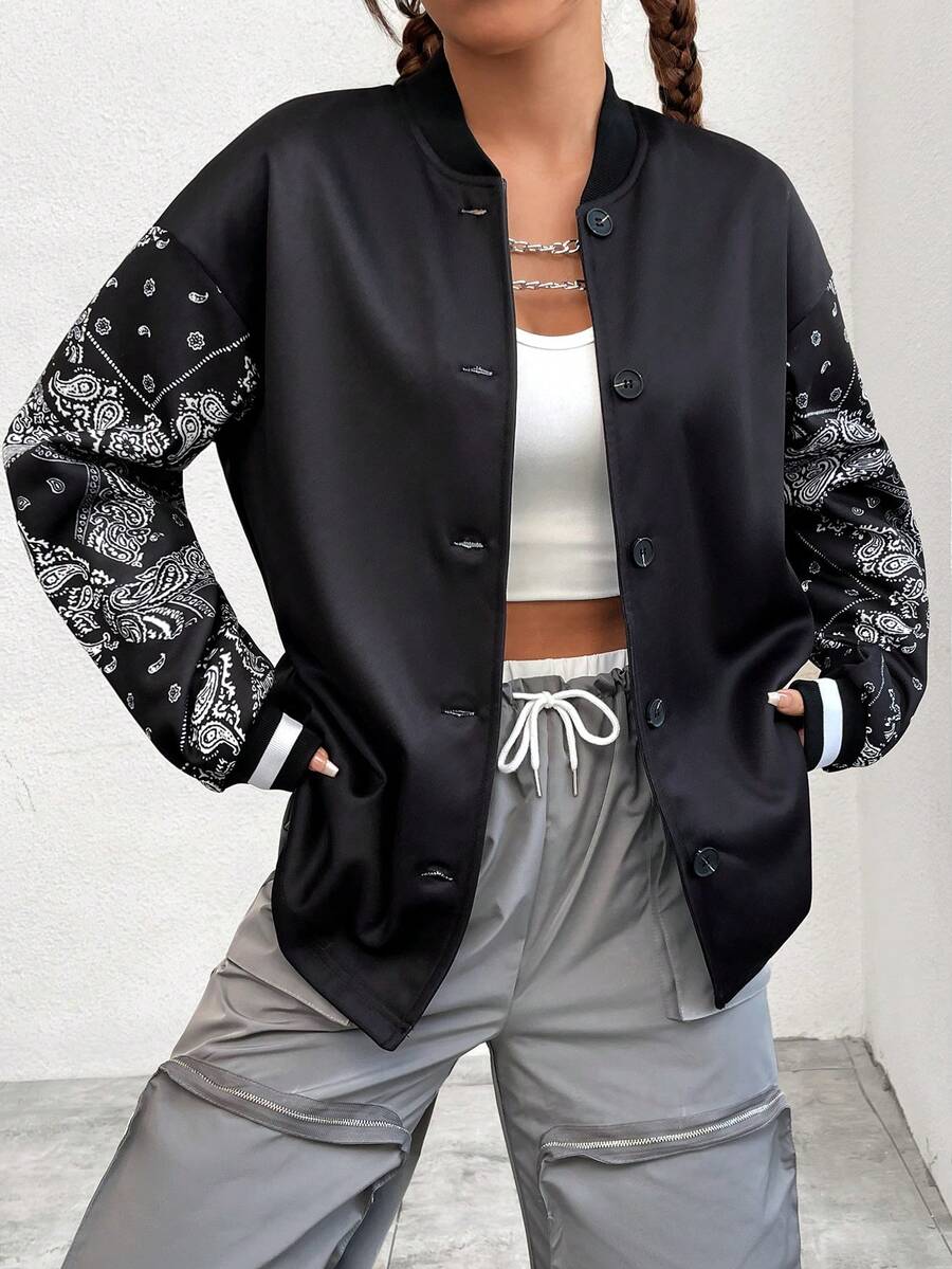SHEIN EZwear Women'S Baseball Jacket With Paisley Sleeves - Black - View 1