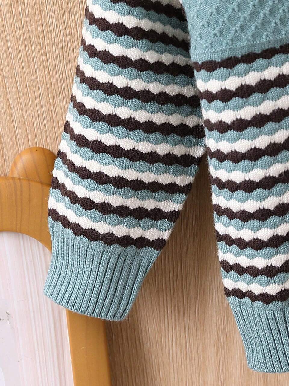 Infant Boys' Bear Applique Striped Cardigan With Waves Pattern Detail