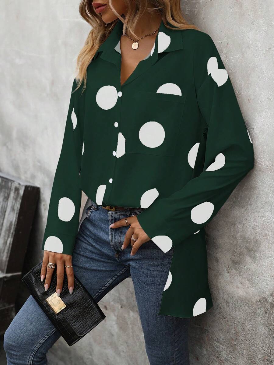 SHEIN Clasi Chấm bi Thả vai Áo sơ mi - Màu xanh lá cây đậm - Xem 1