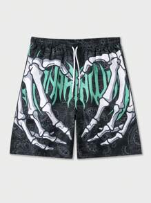 ROMWE MEN Street Life Spring/Summer Casual Graphic Men'S Skull And Hand Print Shorts - Multicolor - View 1