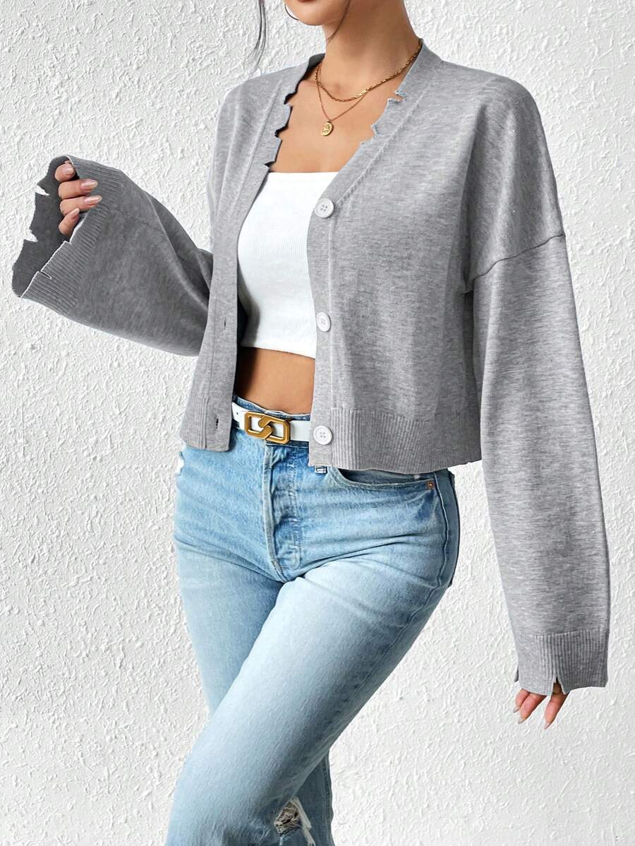 SHEIN LUNE Gray Distressed Edge Knit Cardigan - Grey - View 1