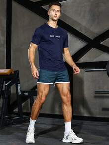 Manfinity Athleisure 男士標語印花運動T恤，健身上衣 - 藏蓝色 - 查看 4