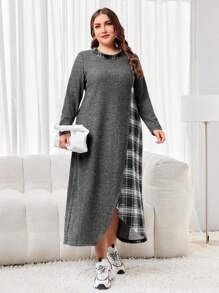 Mulvari Đầm dài tay in họa tiết kẻ sọc bất đối xứng cỡ lớn - Xám - Xem 1