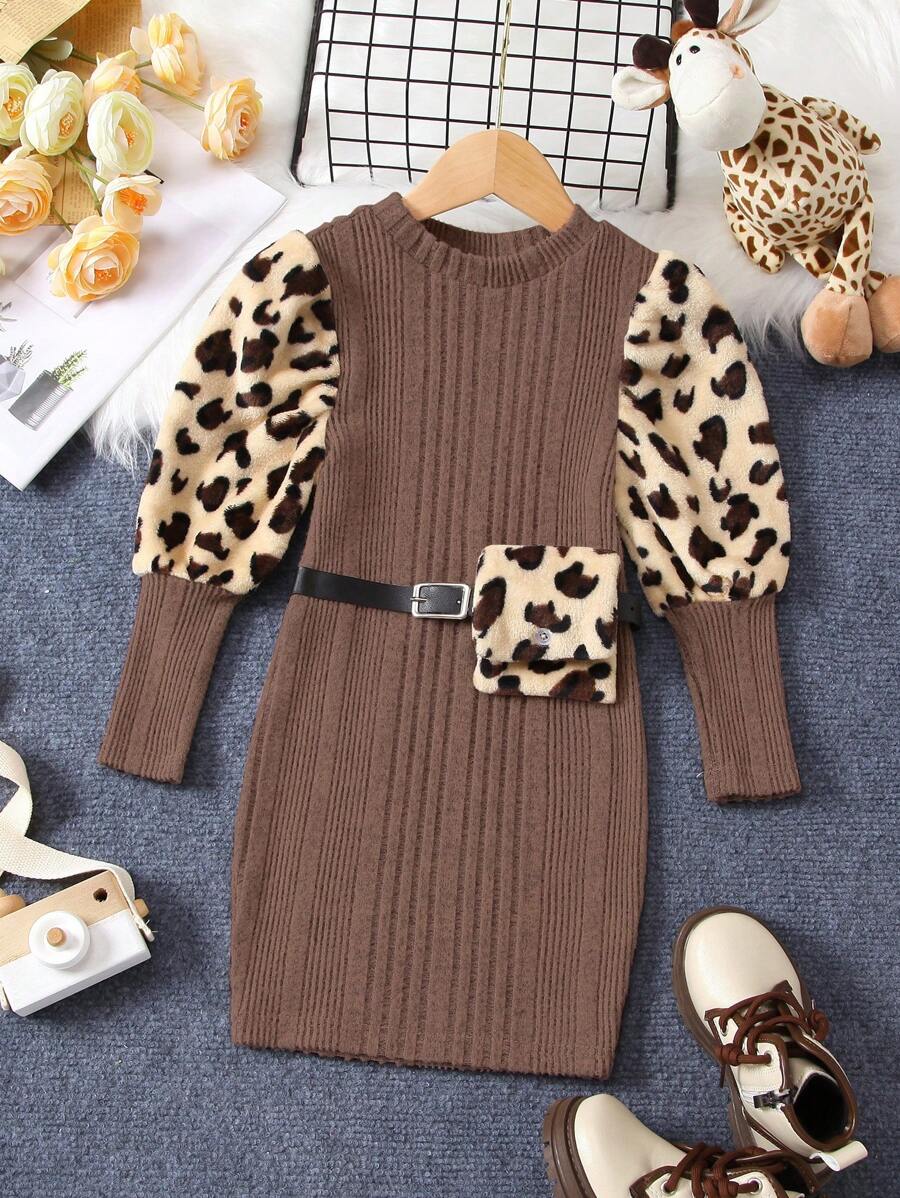 SHEIN Váy len đan tay Gigot cho bé gái trẻ có túi ở eo - Nhiều màu - Xem 1