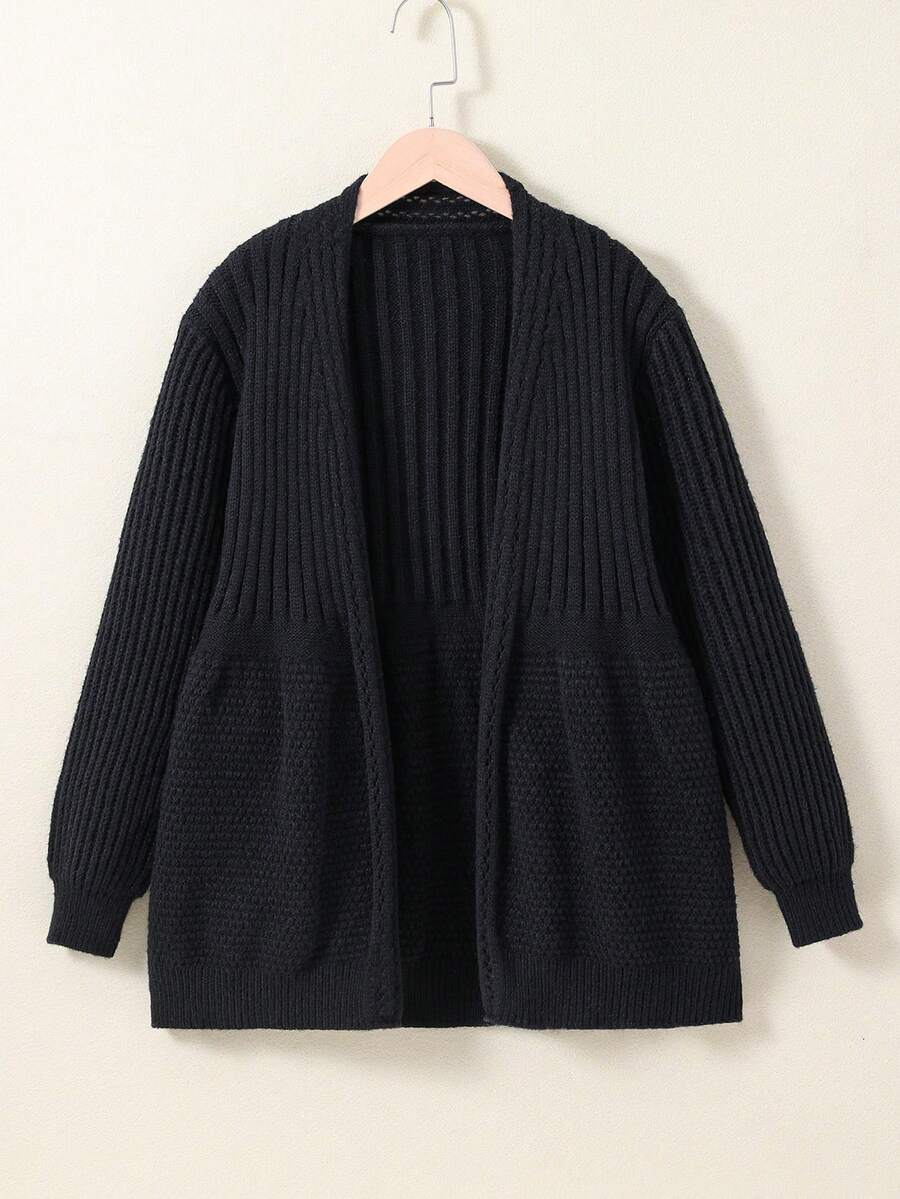 SHEIN Tween Girls Solid Color Front Open Cardigan - Black - View 1