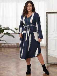 EMERY ROSE 大碼刷印v領水袖連衣裙