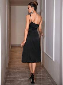 EURMUSE One Shoulder Wrap Hem Satin Dress - Black - View 2
