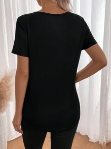 SHEIN LUNE 女士拉鍊領口拼接顏色分區拼接弧形圓擺t恤 - 藍色 - 查看 2