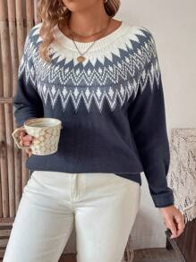 SHEIN LUNE 大码几何图案套头毛衣针织衫秋冬毛衣 - 彩色 - 查看 1