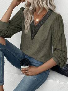 SHEIN LUNE Ren Tay áo dài Áo thun - xanh quân đội - Xem 1