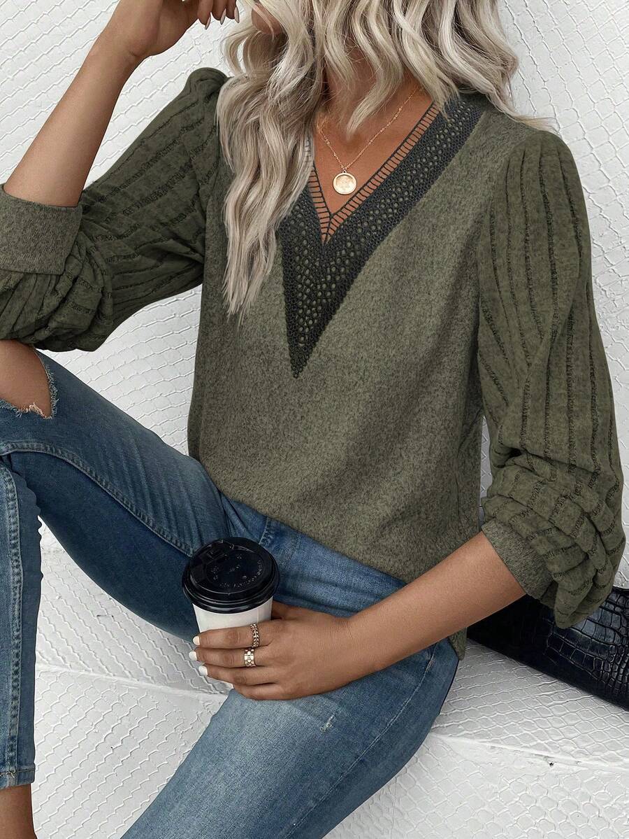 SHEIN LUNE Ren Tay áo dài Áo thun - xanh quân đội - Xem 1