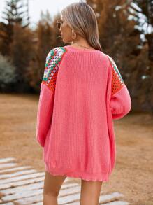 SHEIN VCAY Geo Pattern Raglan Sleeve Duster Cardigan - Hot Pink - View 2