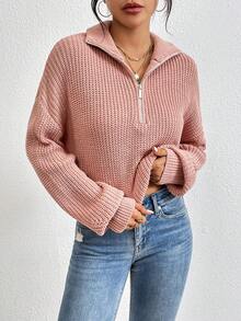 SHEIN LUNE Women's Half-Zip Drop Shoulder Knit Pullover Fall Winter Sweater - Dusty Pink - View 5