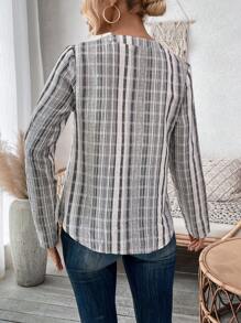 SHEIN Essnce And Linen Check Notch Collar Long-sleeved Shirt - Black and White - View 5