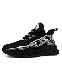 Men's Skull & Hand Bone Print Trail Running Shoes With Blade Outsole, Comfortable Breathable Lightweight Shock Absorption Cushioned Soft Sole