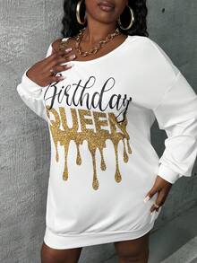 Slaydiva 女式加大码不对称肩部运动衫连衣裙，带字母印花和金属纽扣细节 - 白色 - 查看 5