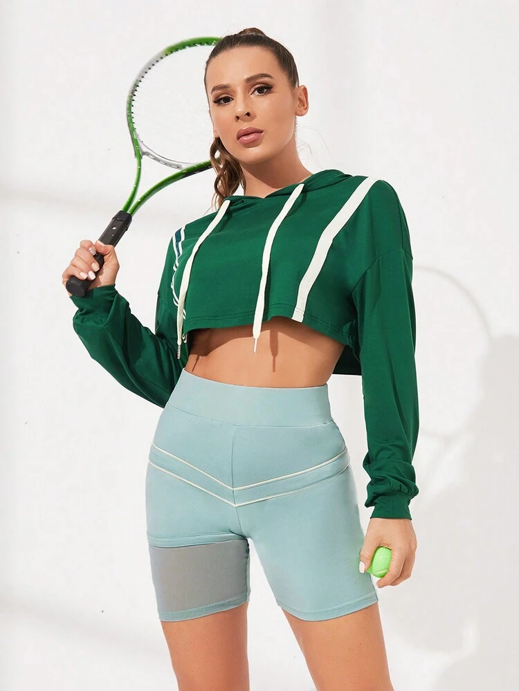 Striped Hooded Top & Leggings Two Pieces Set,Women Tennis Outfit