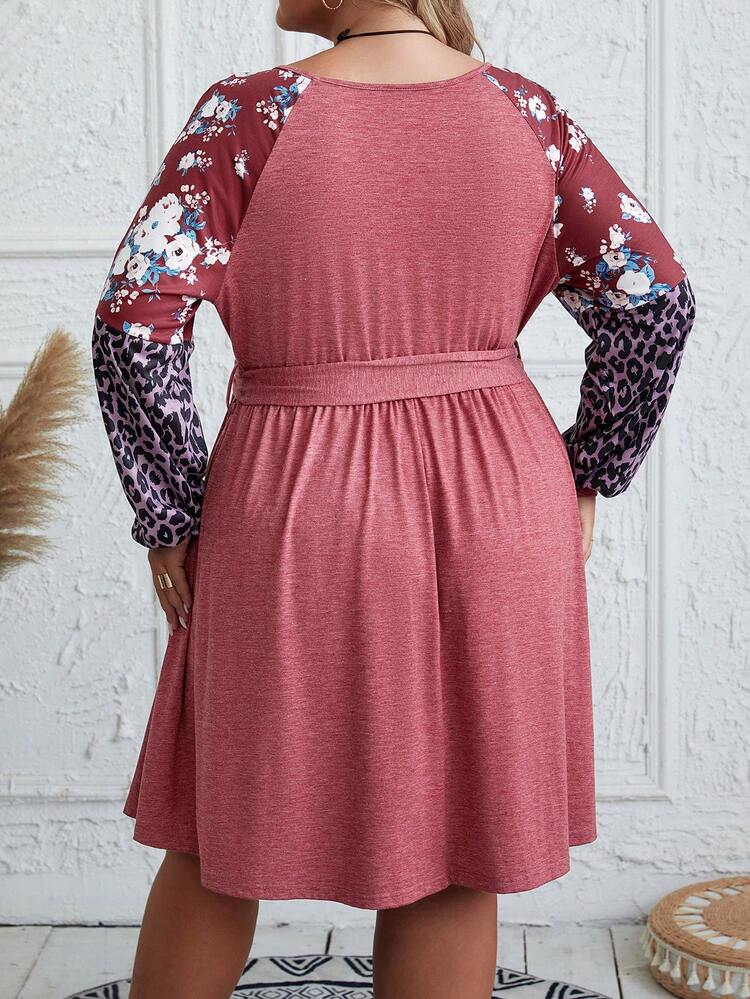 Plus Size Floral & Leopard Print Raglan Sleeve Dress With Belt