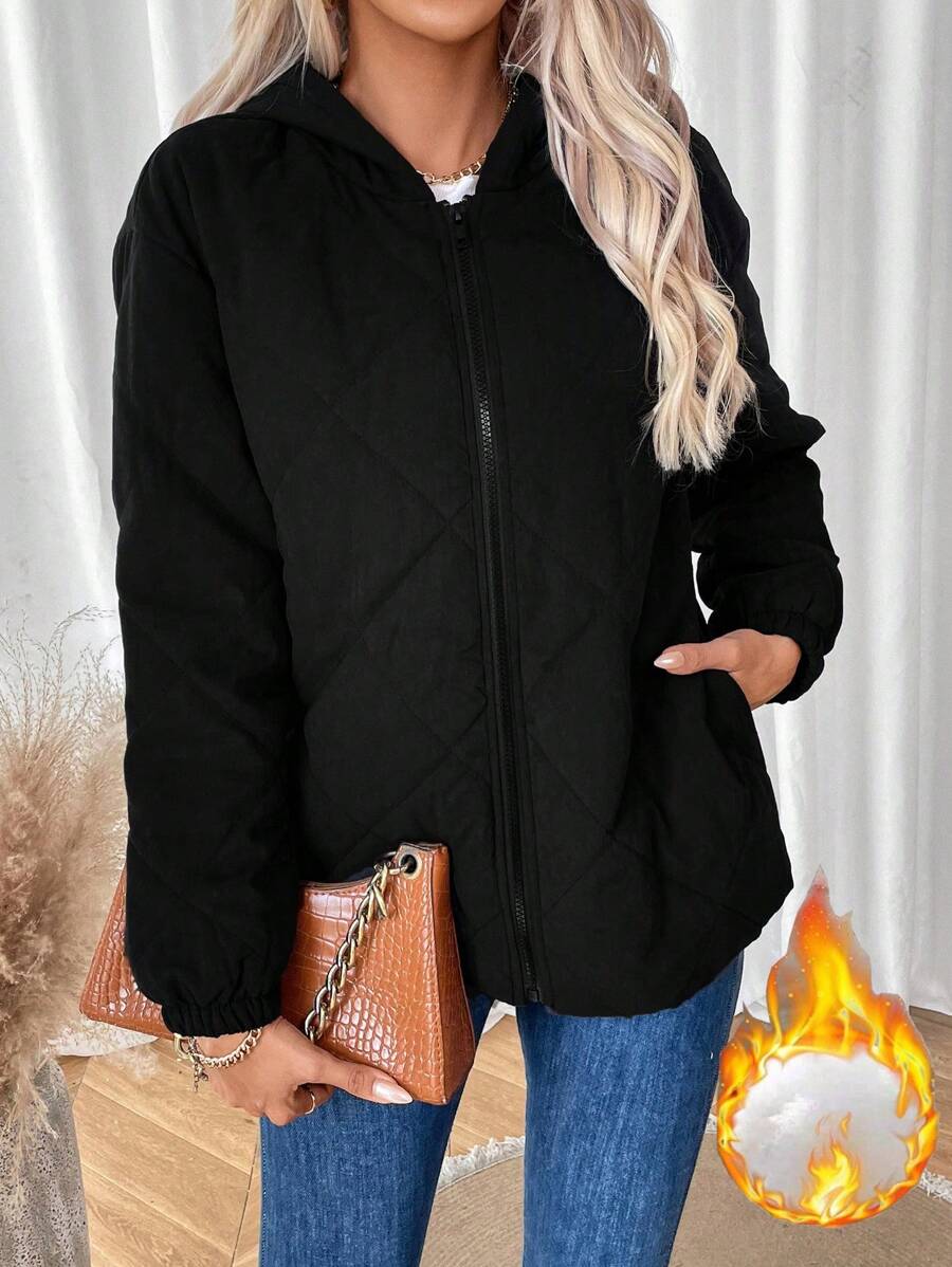 EMERY ROSE Abrigo acolchado con capucha unicolor para mujer en invierno - Negro - Ver 1