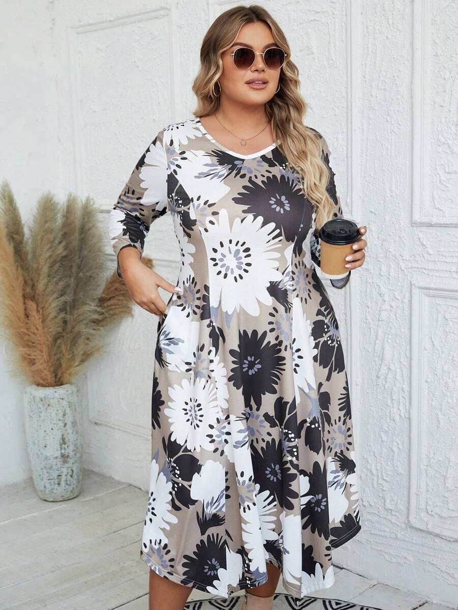 EMERY ROSE Vestido Impresso De Gola Redonda Para Mulheres Plus Size - Caqui - Ver 1