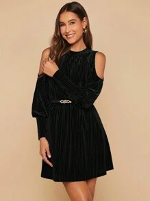 SHEIN Clasi Ladies' Solid Color Cold Shoulder Dress, Belt Not Included - Black - View 5