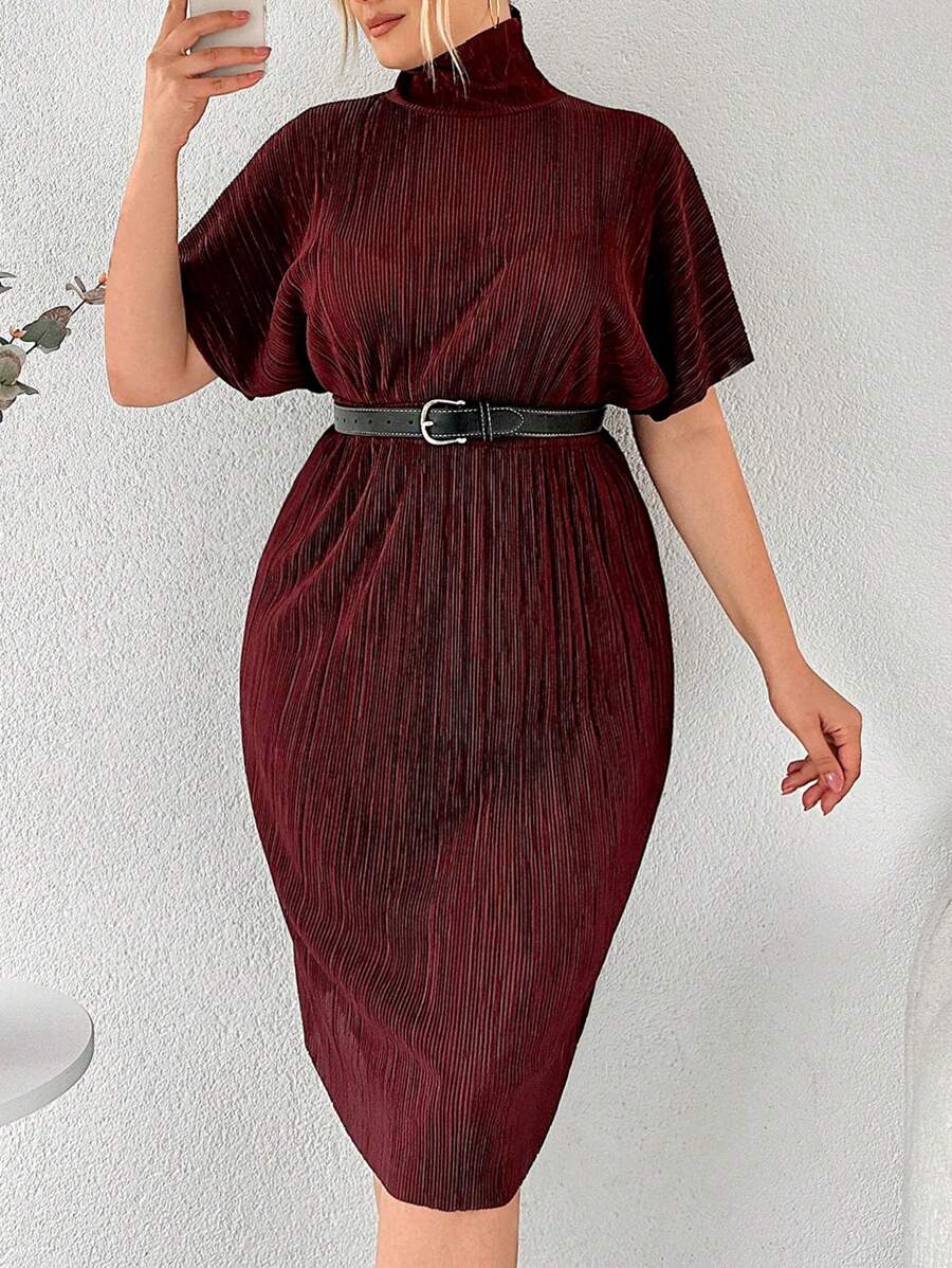 RueChic Plus High Neck Batwing Sleeve Dress Without Belt - Burgundy - View 1