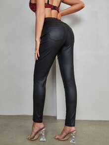 Rave Cao eo Nút Bay Chi tiết về Flap Co giãn Gầy chất liệu da PU Quần - màu đen - Xem 2