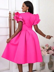Women's Sweetheart Neck Ruffle Hem Flare Hem Party Graduation Dress With Short Bell Sleeves Wedding Elegant Spring - Hot Pink - View 4