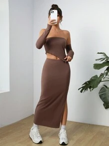 SHEIN EZwear 卡其色針織女士修身套裝