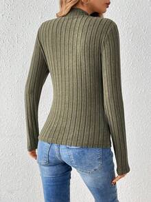 SHEIN Frenchy Button-down Turtleneck Long-sleeved T-shirt - Army Green - View 2