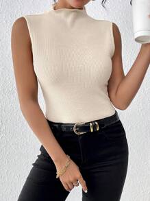 SHEIN Frenchy Top Sin Mangas De Mujer Con Cuello Semi-alto En Color Sólido - Albaricoque - Ver 5