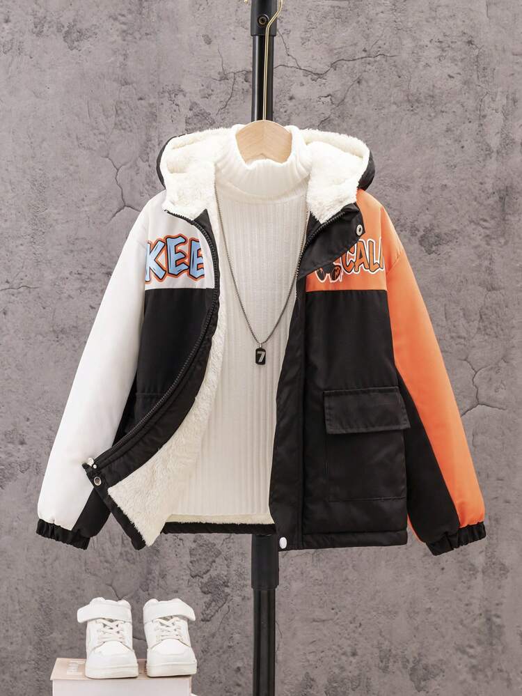 Tween Boys' Warm Color Blocking Hooded -Padded Parka Coat For Fall/Winter