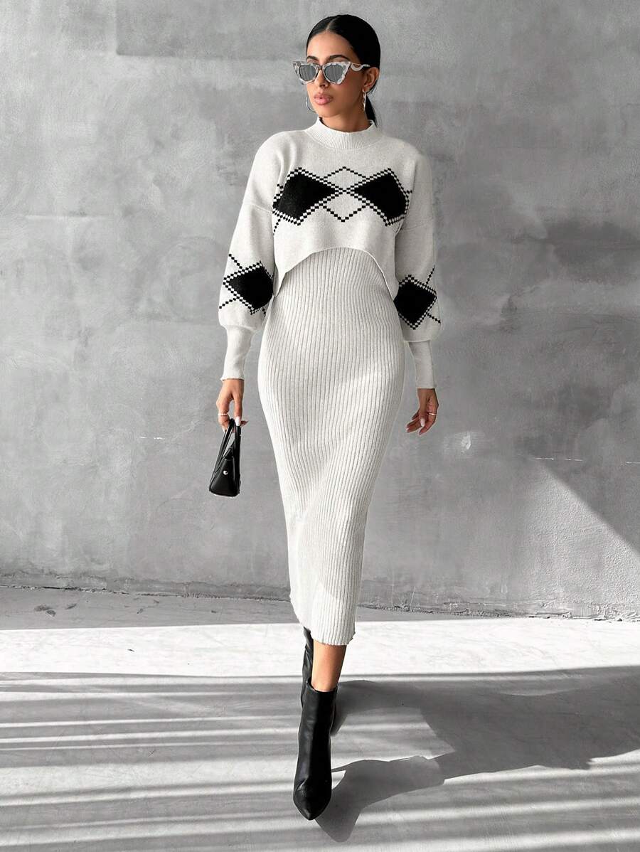 EURMUSE Drop Shoulder Sweater & Ribbed Knit Skirt - Beige - View 1