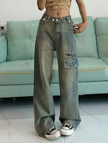 Zipper Detail Wide Leg Jeans - Medium Wash - View 5