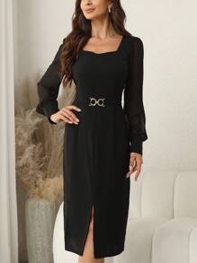 SHEIN Clasi Women's Sheer Mesh Splicing Lantern Sleeve Dress With Split Hem And Waist Belt - Black - View 6