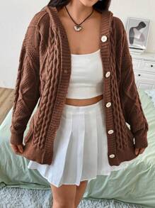 Flirla Của phụ nữ Kích thước lớn Thả vai Nút áo có mũ Dệt kim Áo len Mở - Màu nâu  Mocha - Xem 4
