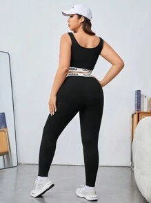 SHEIN EZwear 女性加大尺碼黑色針織運動短上衣和修身打底褲套裝 - 黑色 - 查看 2