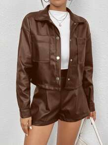 SHEIN Essnce 口袋細節前紐帶女士夾克和短褲套裝 - 棕色 - 查看 5