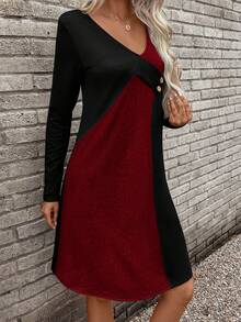 SHEIN LUNE Vestido Evasé Asimétrico Con Patchwork Bicolor - Burdeos - Ver 6