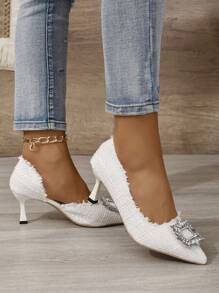 女性小香氣鑲鑽高跟鞋尖頭細跟法式優雅宴會純色高跟鞋 - 白色 - 查看 2