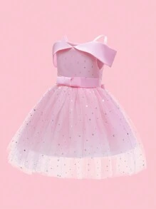 女孩网眼星星亮片公主裙，蓬松及膝婚礼派对礼服