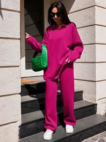 SHEIN Conjunto De Suéter Y Pantalón Para Mujer Con Solapa Y Hombros Caídos - Rosa - Ver 1