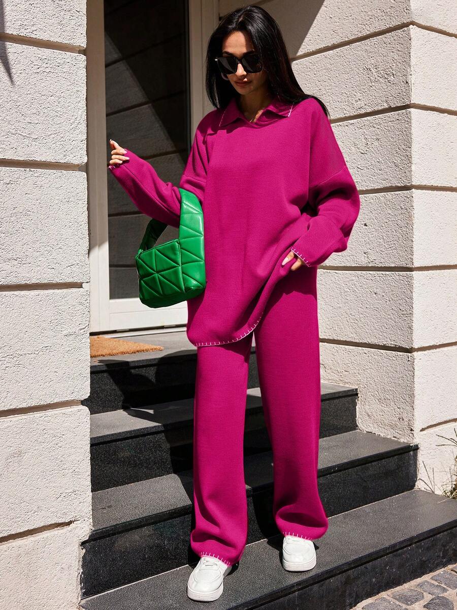 SHEIN Conjunto De Suéter Y Pantalón Para Mujer Con Solapa Y Hombros Caídos - Rosa - Ver 1