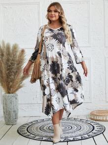EMERY ROSE Vestido Impresso De Gola Redonda Para Mulheres Plus Size - Caqui - Ver 6