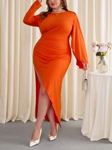 SHEIN Privé Women'S Elegant Orange Round Neck Plus Size Split Dress - Burnt Orange - View 3