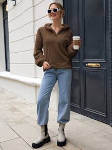 EURMUSE Solid Drop Shoulder Teddy Sweatshirt - Brown - View 6