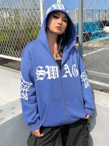 SHEIN EZwear CURVE Áo nỉ cỡ lớn in chữ - Màu xanh lam - Xem 4