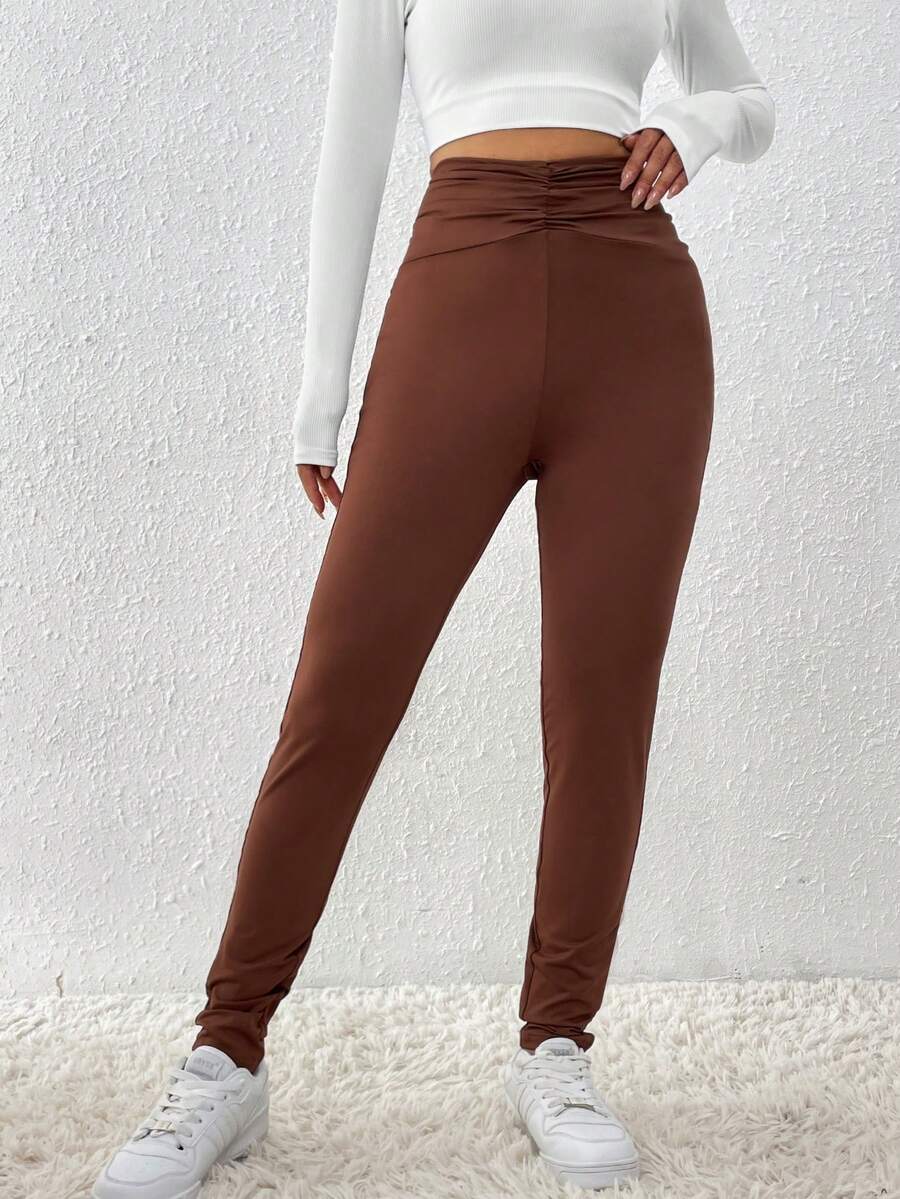 SHEIN Essnce Của phụ nữ Xếp li Eo Xà cạp - Cà phê nâu - Xem 1